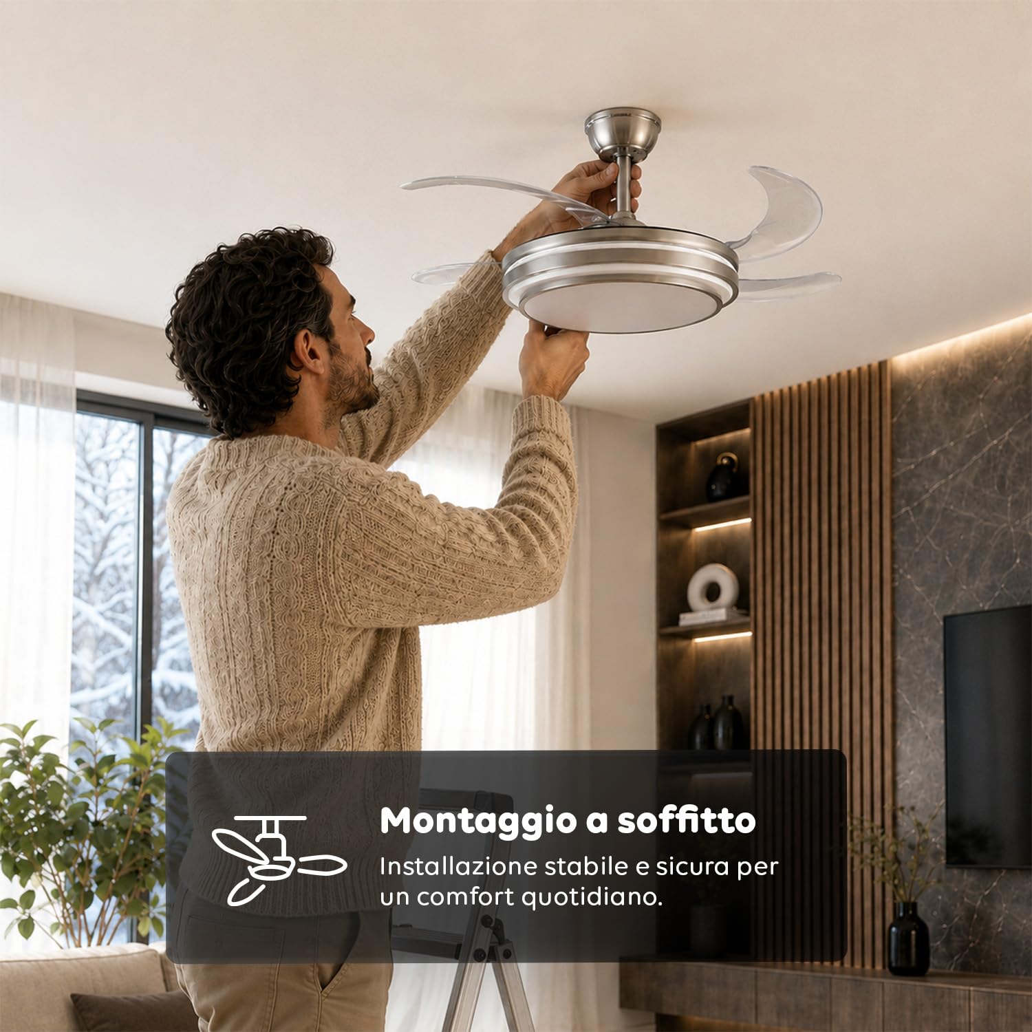 Avilia - Ventilatore da Soffitto con Pale Retrattili - Diametro 106 cm in Ferro/ABS - LED 72W Dimmerabile 3 Tonalità di Luce Integrata Calda Naturale e Fredda - 6 Velocità, Telecomando e Timer 2h