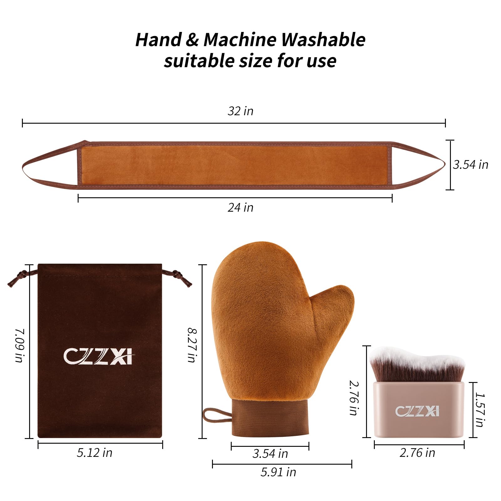 CZZXI Tanning Mitt, Body Brush & Back Tanner Applicator Kit – Self-Tan Applicator for Body, Face & Hard-to-Reach Areas | Includes Storage Pouch: 3 Piece (Brown)