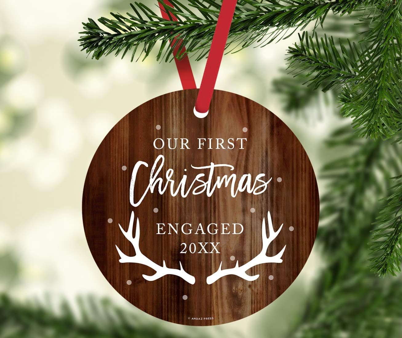 Andaz Press Family Metal Christmas Ornament, Our First Christmas Engaged 2026, Rustic Wood, 1-Pack, Includes Ribbon and Gift Bag