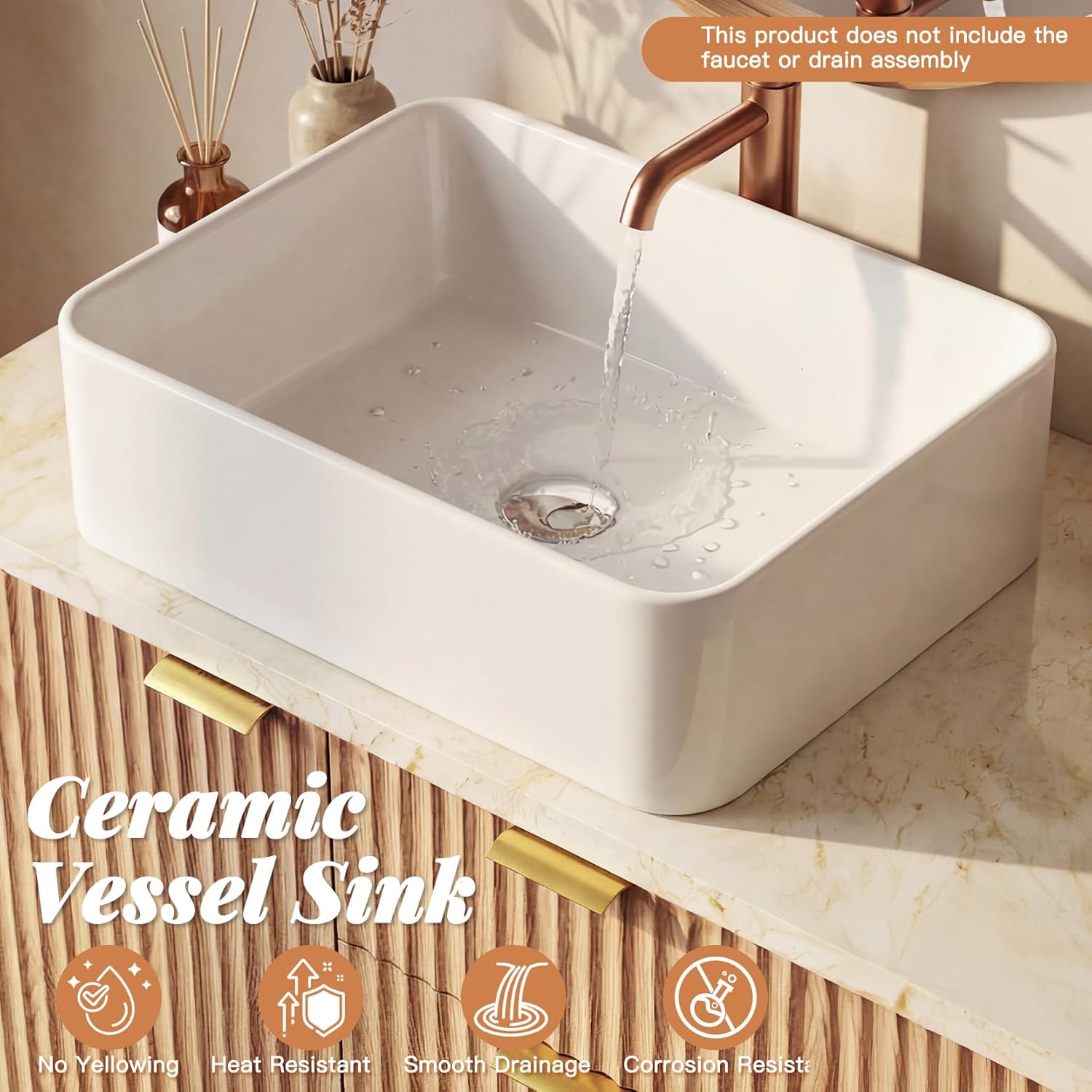 Concho 55'' Fluted Bathroom Vanity with Double Ceramic Sink, Modern Bathroom Sink Storage Cabinet with Engineered Marble Top & 4 Spacious Drawers, Freestanding Bathroom Vanity Cabinet, Oak