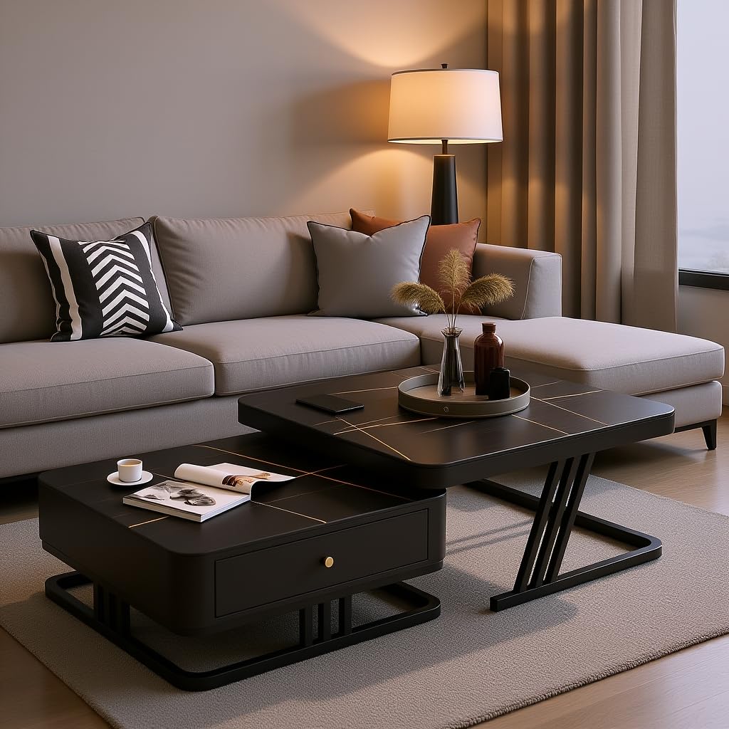 RIZIK Stores™ Iron Frame Handmade Drawer Square Coffee Table/Nesting Table/Side Table/Center Table with Engineered Wood Top for Living Room/Drawing Room/Balcony (Black, 24"x24")-image-48
