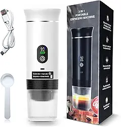 Máquina de Café Portátil 3 em 1, Cafeteira Expresso Portátil Elétrico com Bateria 2500mAh, Display Digital, Compatível com Cápsulas e Pó, 72W, 150ml, Branco