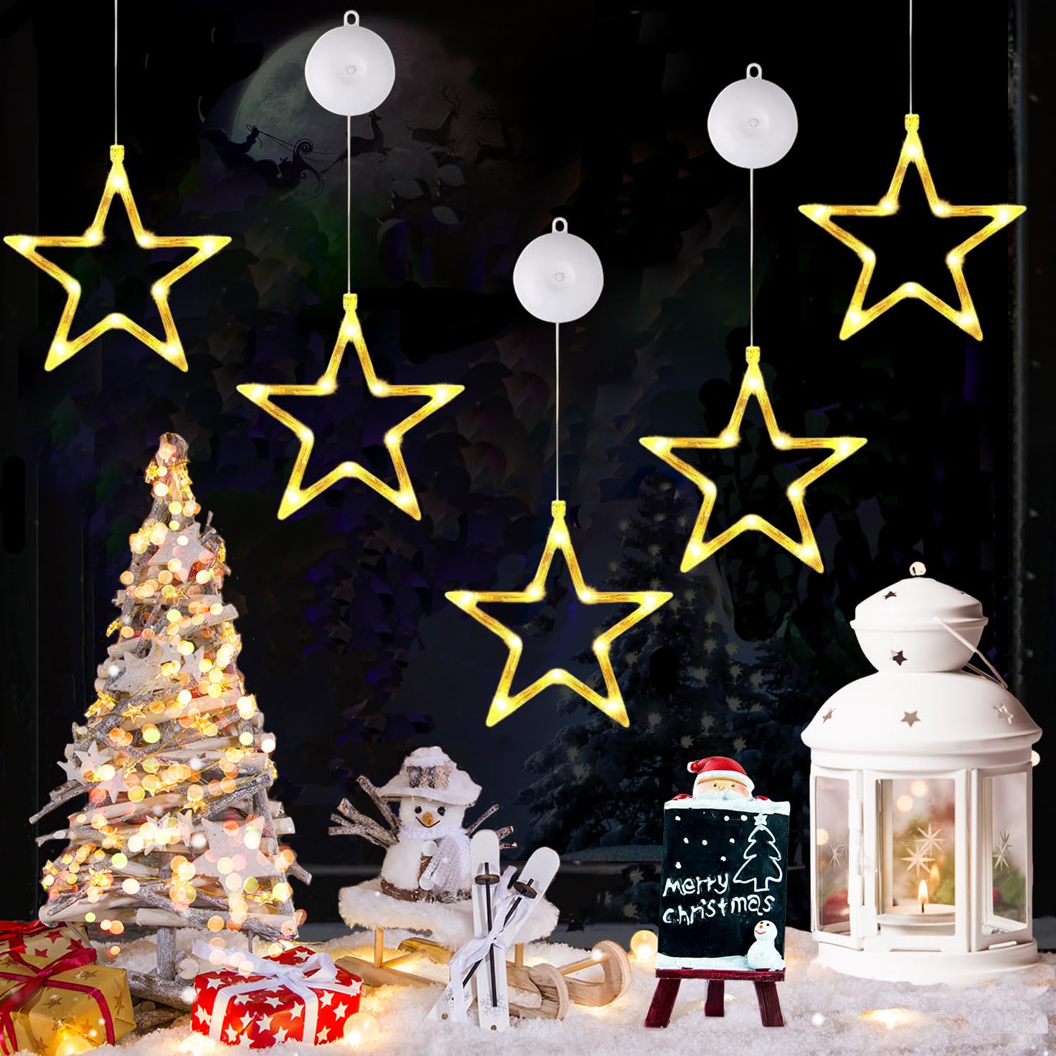 FPEAOB LED Stars Christmas Lighting, Pack of 5, Window Lighting, Light Curtain, Warm White, Battery Operated, Timer, Indoor Window Fairy Lights for Christmas