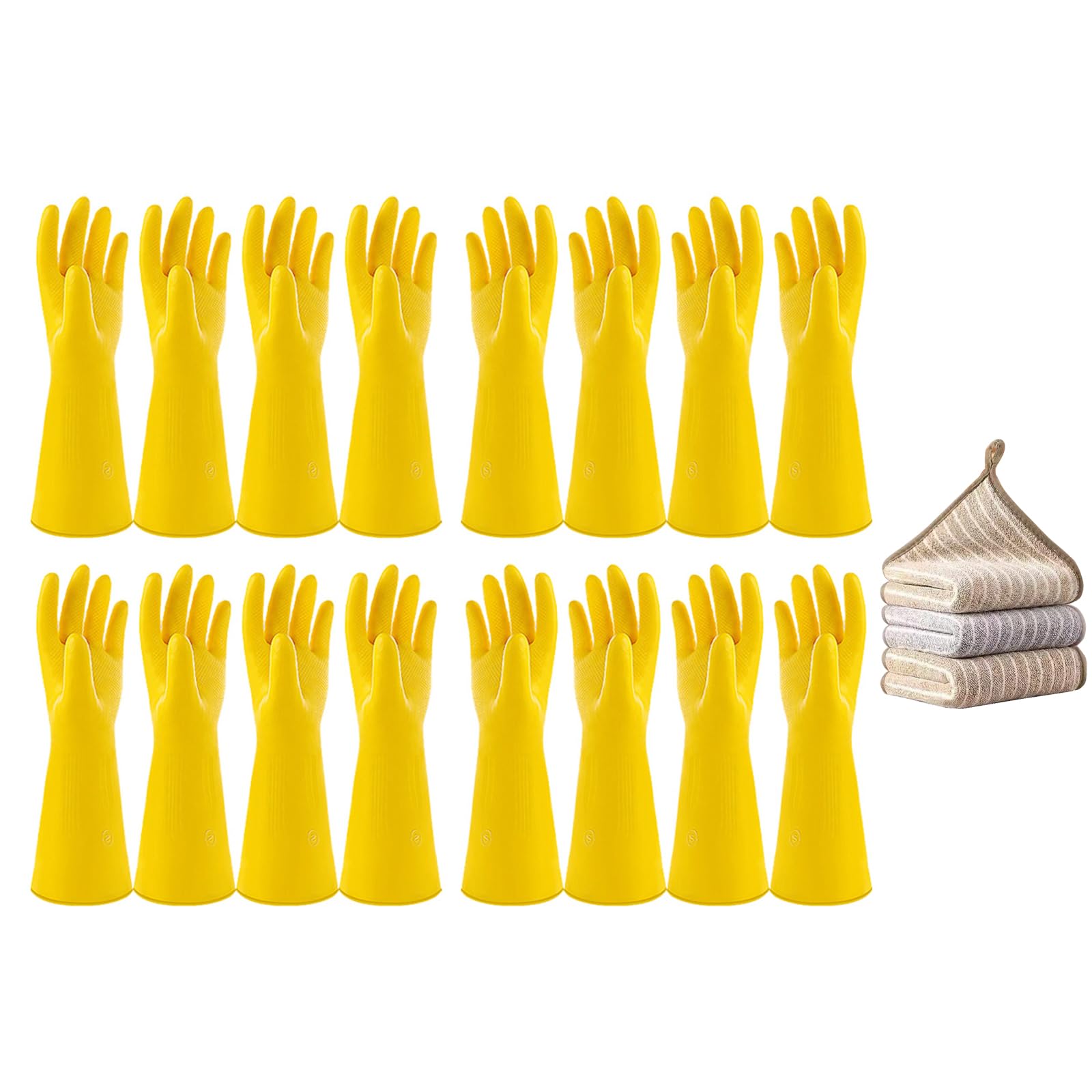 Lot de 8 paires de gants de vaisselle et 3 torchons de cuisine, épais, réutilisables, pour nettoyage de cuisine, salle de bain, jardin, imperméables, antidérapants (taille XL, jaune)