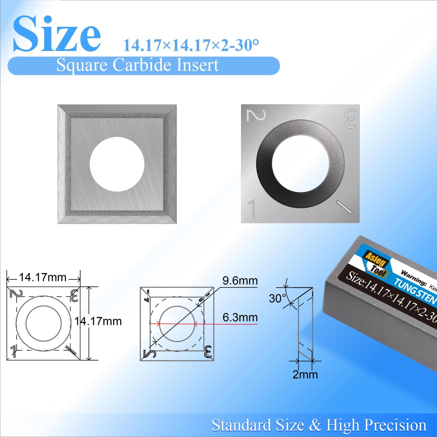 14.17mm Standard Square Straight Tungsten Carbide Replacement Cutter Inserts Knives 14.17mm x 14.17 x 2mm for Woodworking Spiral Helical Planer Head 10pcs