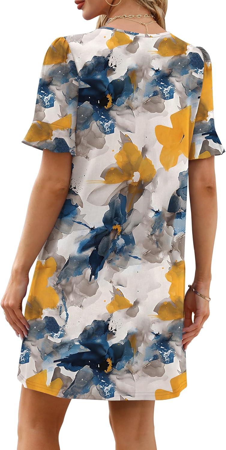 OFEEFAN Summer Dresses for Women Ruffle Short Sleeve V Neck Casual Shift Dress with Pockets - Image 5