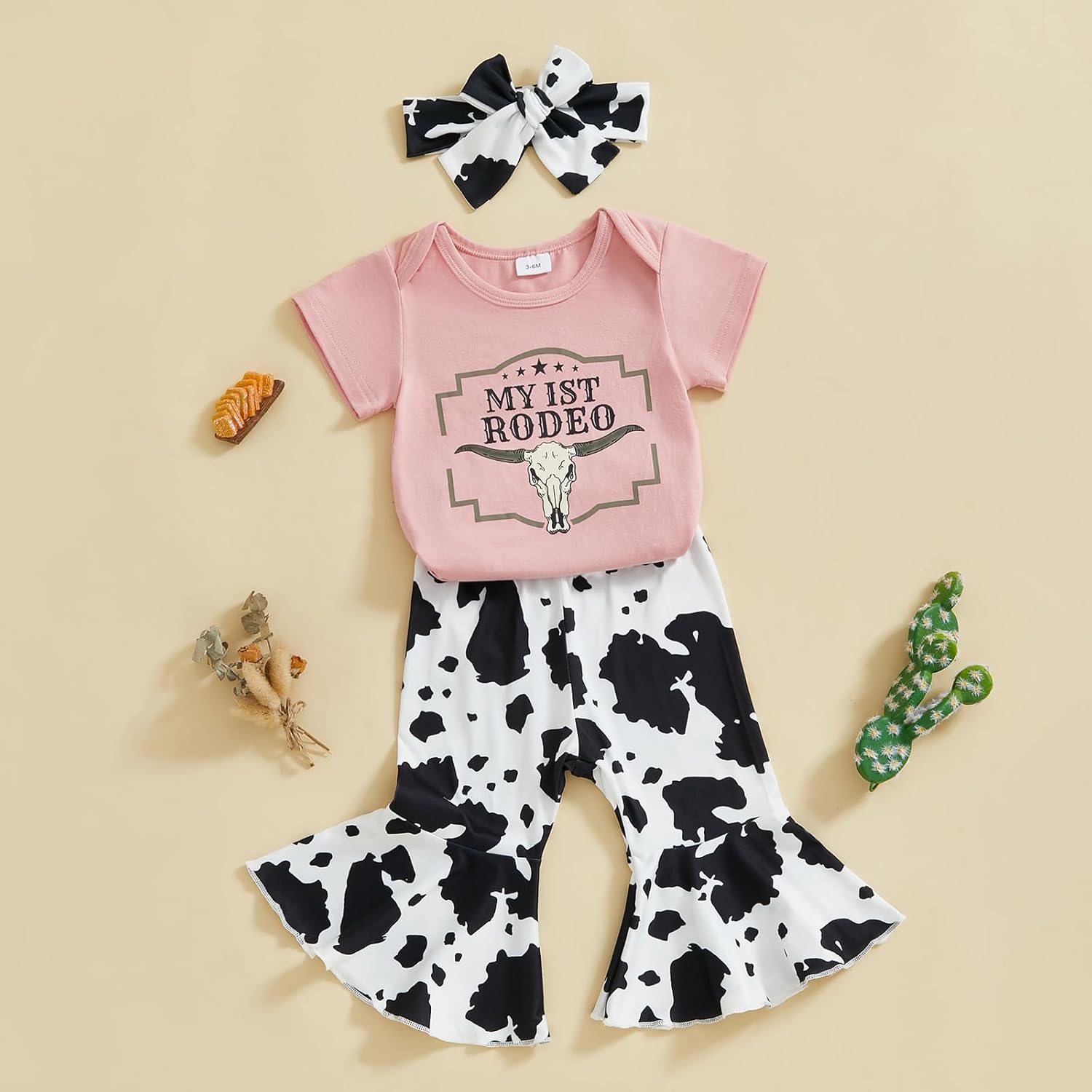 SAYOO Western Baby Girl Clothes Boots or Bows Letter Bodysuit Romper Cow Print Flared Pants Headband Cowgirl Country Outfit - Image 3