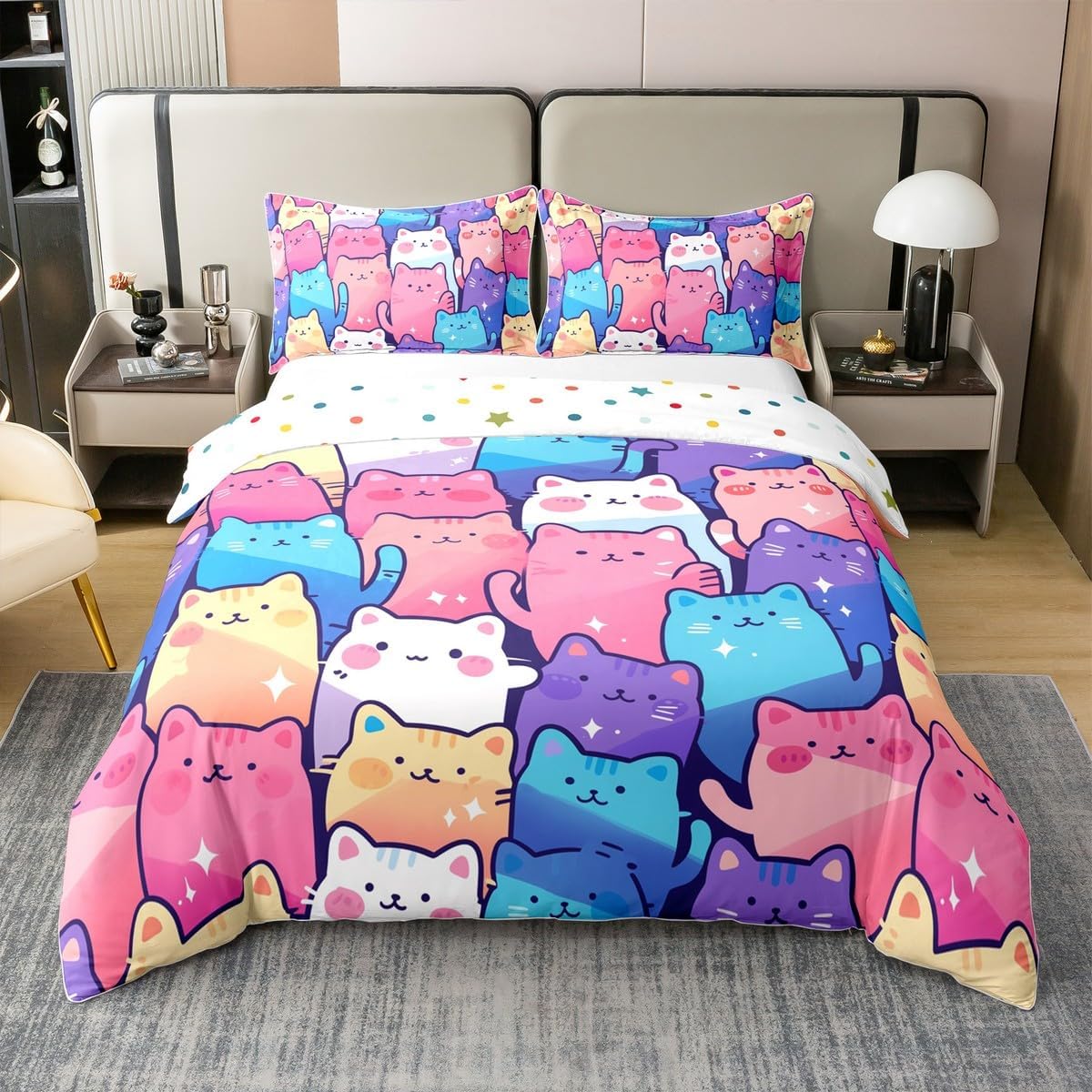 Kawaii Cats Kids 100% Cotton Duvet Cover Full Size 3 Pcs Colorful Cartoon Kitty Decorative Bedding Set for Boys Girls Teens Cute Cat Animal Patchwork Pattern Quilt Cover,2 Pillowcases(No Comforter)