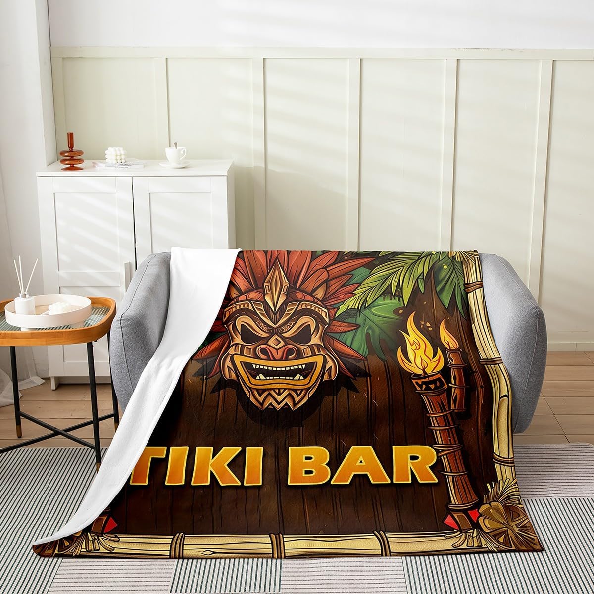 Erosebridal Tiki Bar Flannel Blanket Twin 60x80 Aloha Happy Hawaiian Party Fleece Blanket for Sofa Couch Tiki Bars Summer Fuzzy Plush Throw Soft Warm Vintage Wooden Board Pattern