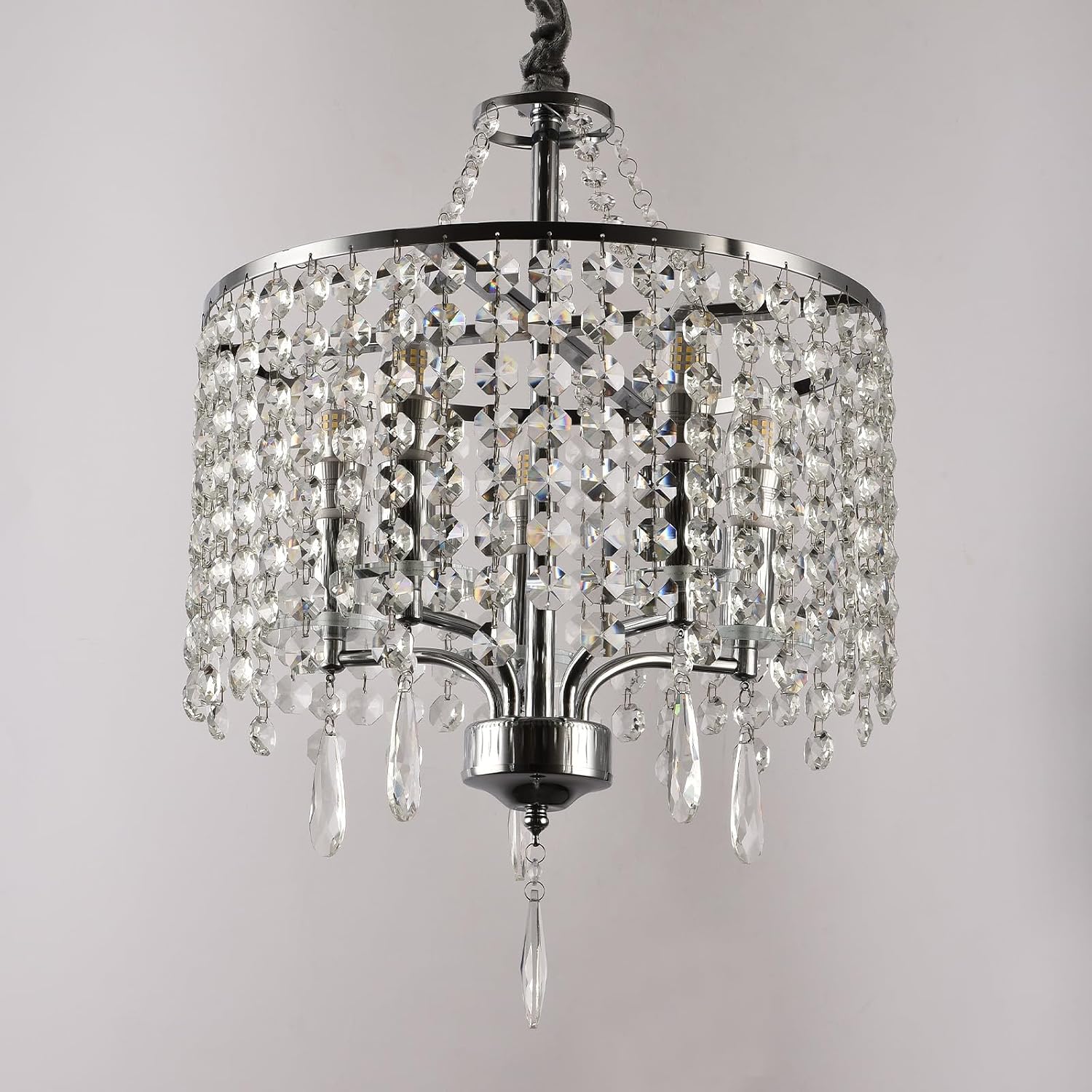 5 Light Modern Kitchen Island Crystal Chandelier, Chrome Metal Frame Farmhouse Round Pendant Light Fixture, Suitable for Bedroom, Living Room,Hallway, Entryway, Kitchen Island, Dining Room