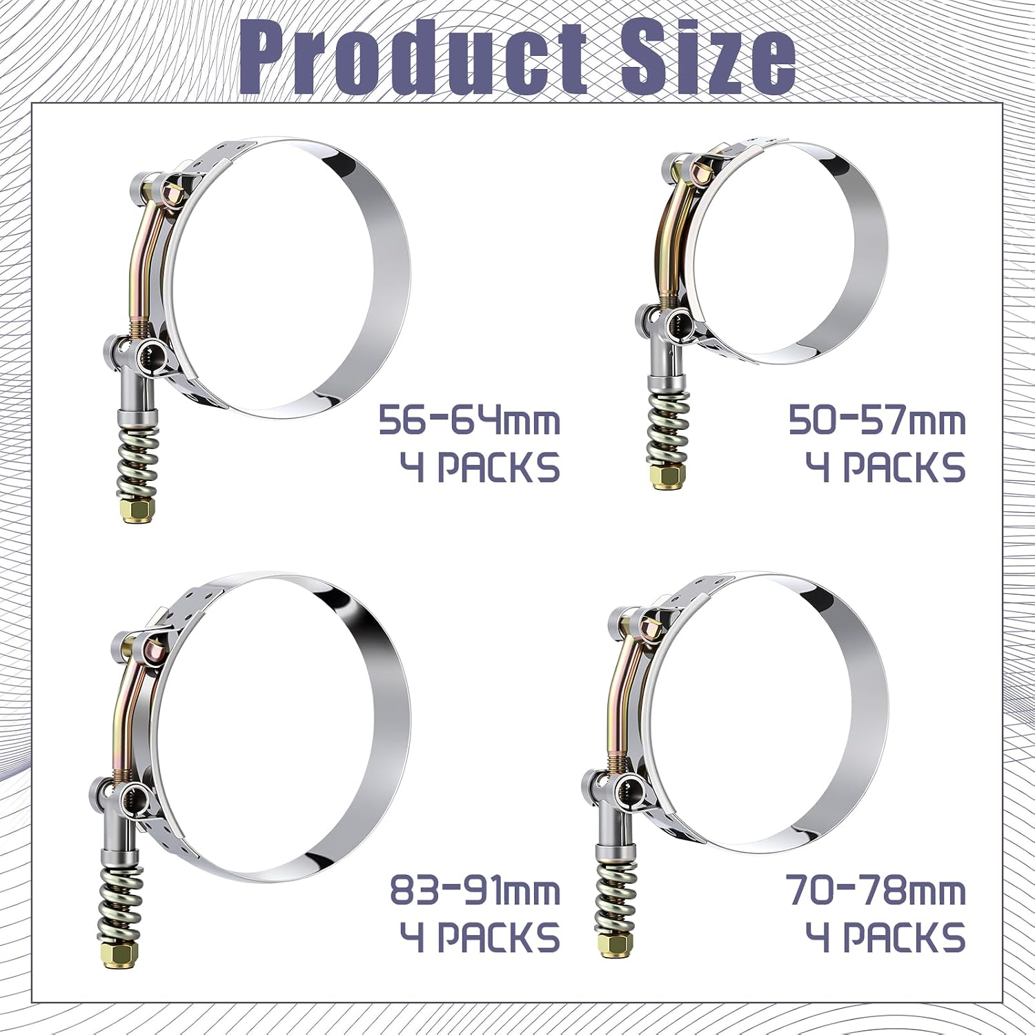 16 Pack T-bolt Hose Clamps with Reinforcement Spring 4 Sizes Stainless Steel Turbo Intake Intercooler Constant Tension Radiator Pipe Clamp Working Range 50-91mm for 1.75-3" Hose ID for Automotive
