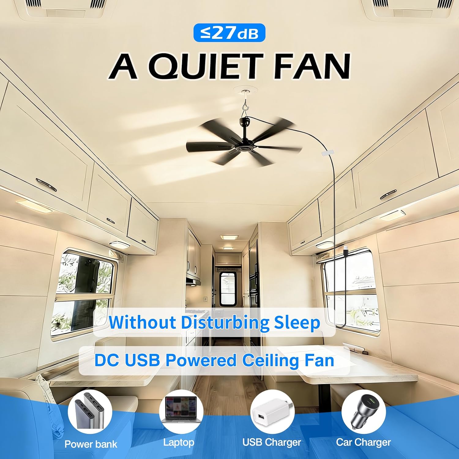 17.7-inch Portable USB Small Hanging Fan with 6 Blades, Indoor/Outdoor Use for RV, Camping, and Canopy, Quiet Operation，Electric Fan (black)