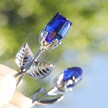 Glass Rose Mini Crystal Artificial Flower Wedding Gift Silver Blue | Handmade Tiny Crystal Flower Room Home Bedroom Office Kitchen Desk Shelf Decor Ornaments Figures Collection Statue for Women