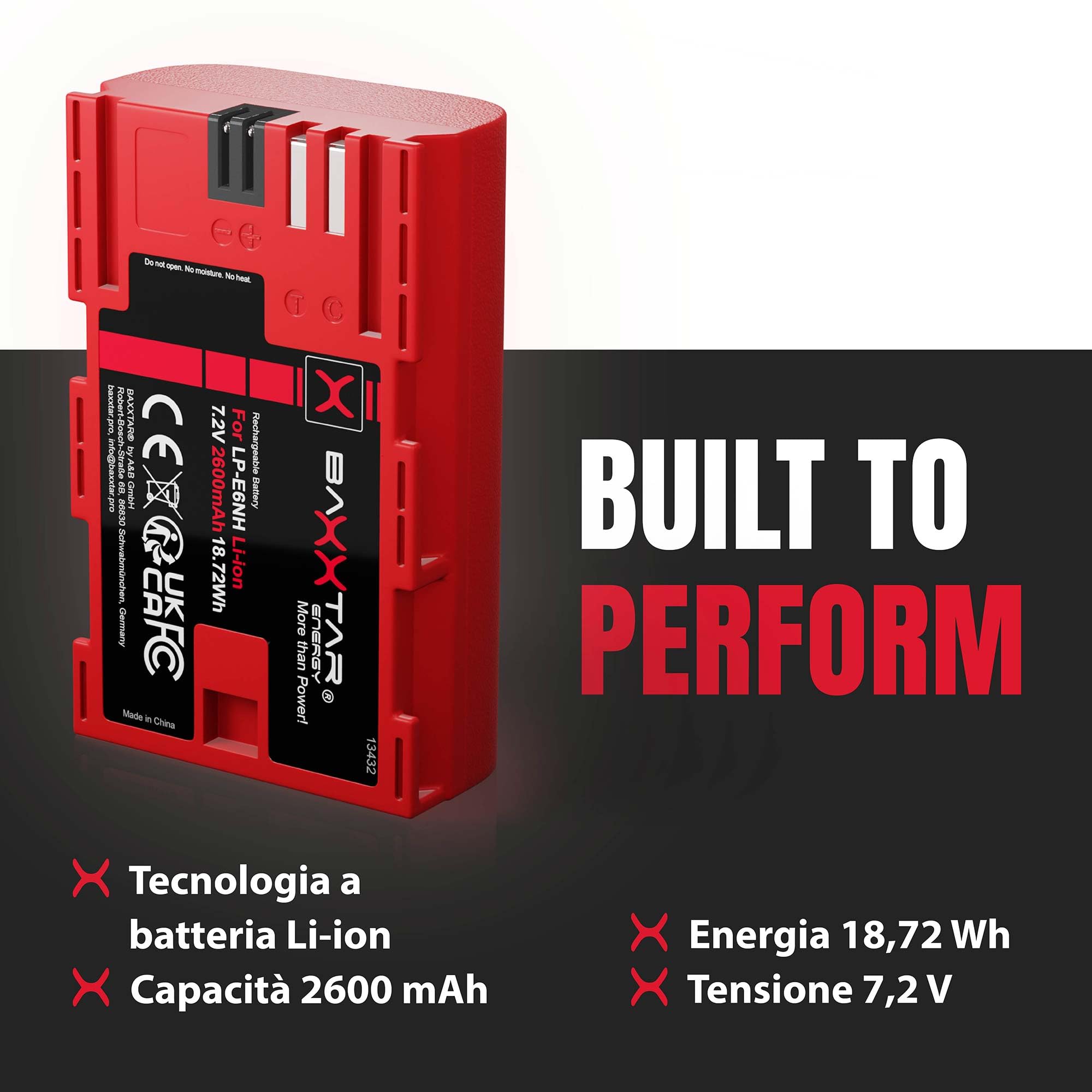 Baxxtar Pro LP-E6NH Batteria 2600mAh con chip informativo – Ricambio per Canon LP-E6NH LP-E6N LP-E6 – per EOS R5 R6 R6 II R7, 5D Mark II III IV, 5DS, 6D, 7D, 60D 70D 80D 90D, XC10 XC15 – riserva pro