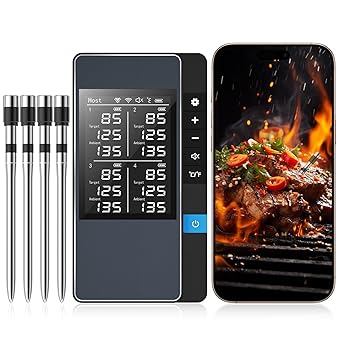 Smart Bluetooth Wireless Meat Thermometer, Real-Time Monitoring Control Digital Thermometer with Smart App, 4 Meat Probes IP67 Waterproof High Accuracy Perfect for BBQ, Oven, Grill & Smoker