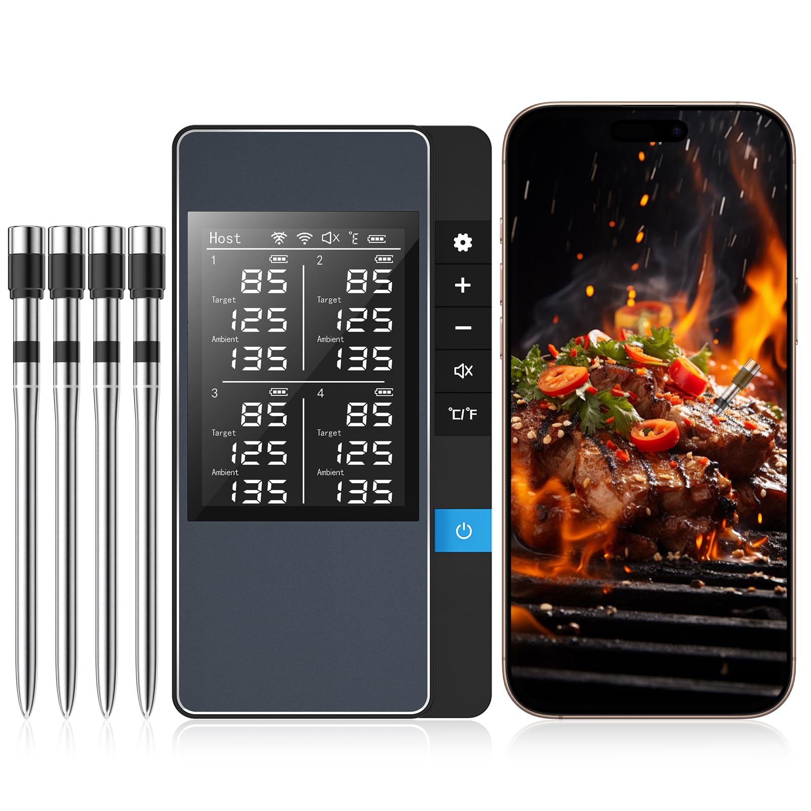 Smart Bluetooth Wireless Meat Thermometer, Real-Time Monitoring Control Digital Thermometer with Smart App, 4 Meat Probes IP67 Waterproof High Accuracy Perfect for BBQ, Oven, Grill & Smoker