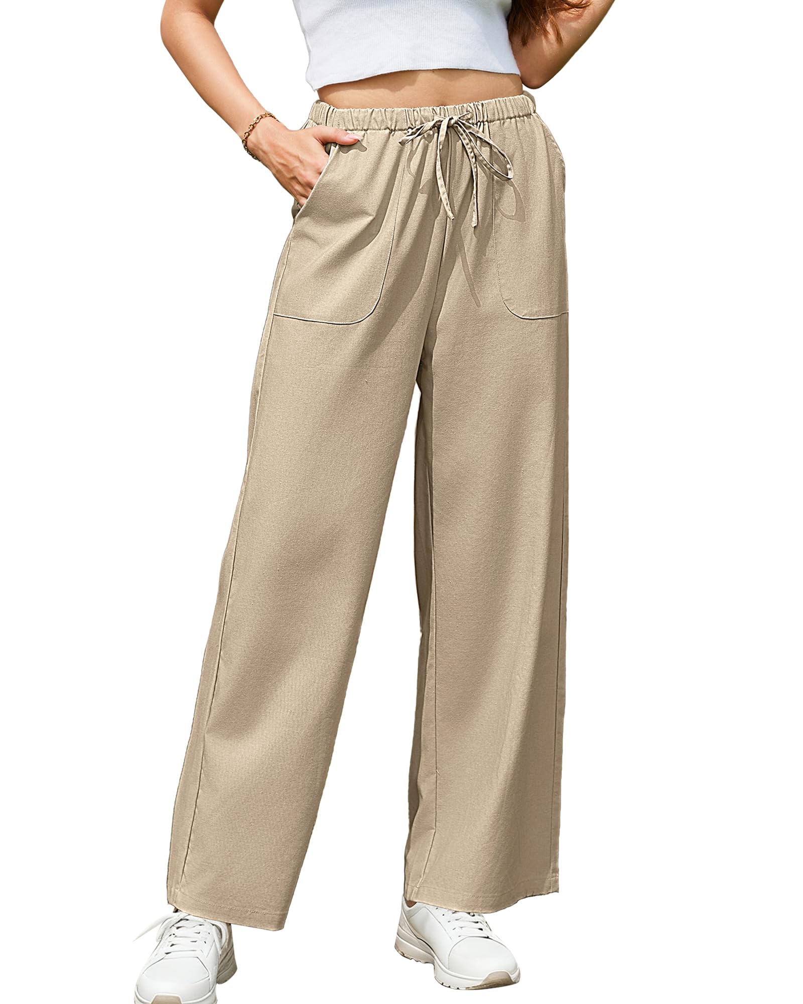 Bsubseach Womens Casual Pants Wide Leg Pants Elastic Waist Slacks with Pockets Lounge Fall Outfits Khaki XXL
