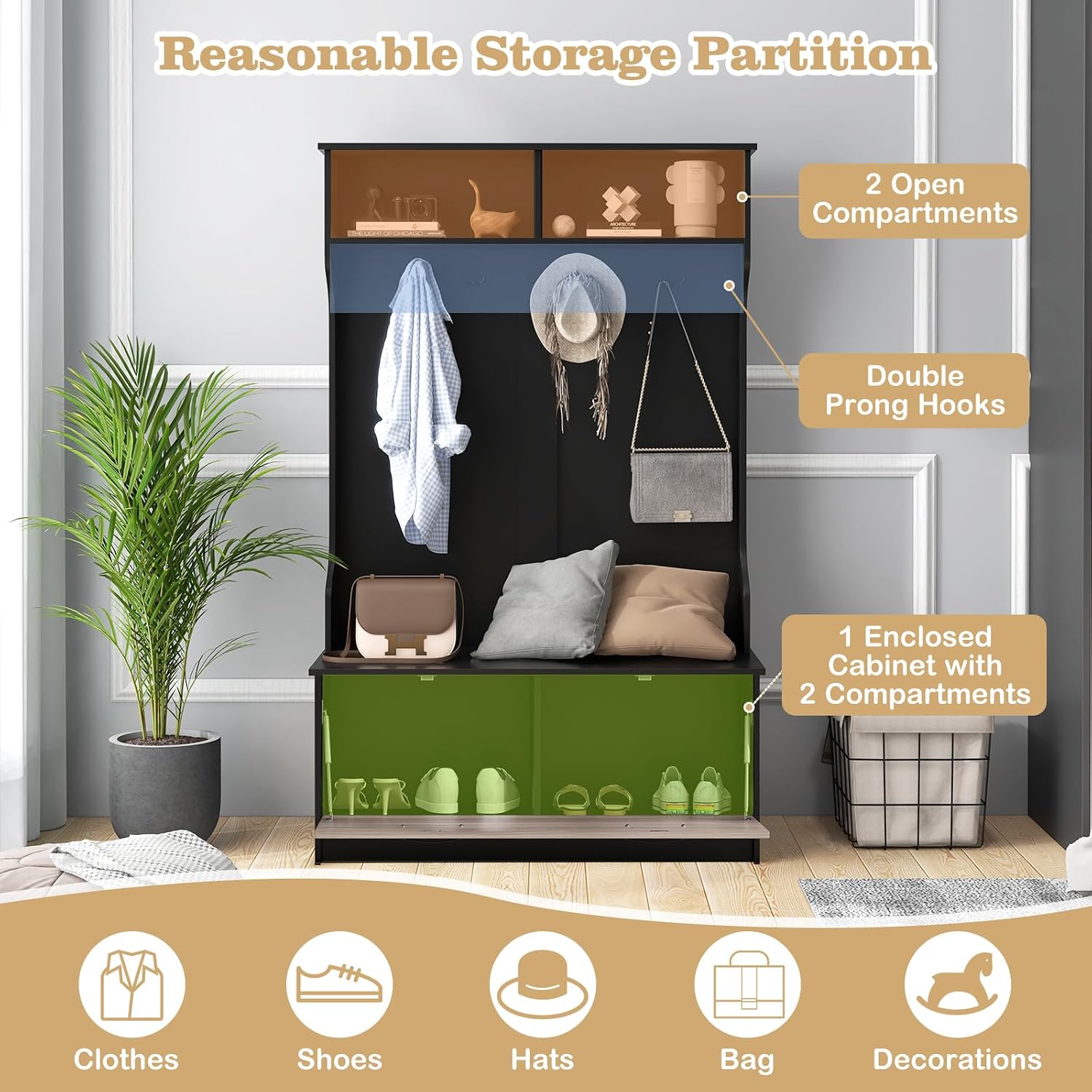 CASART Coat Stand with Shoe Storage, 100x40x160cm Wooden Clothes Rack with Shoe Bench, 2 Shelves & 5 Double Hooks, 3 in 1 Storage Shelf Freestanding Hall Tree for Hallway Entryway Living Room (Black)