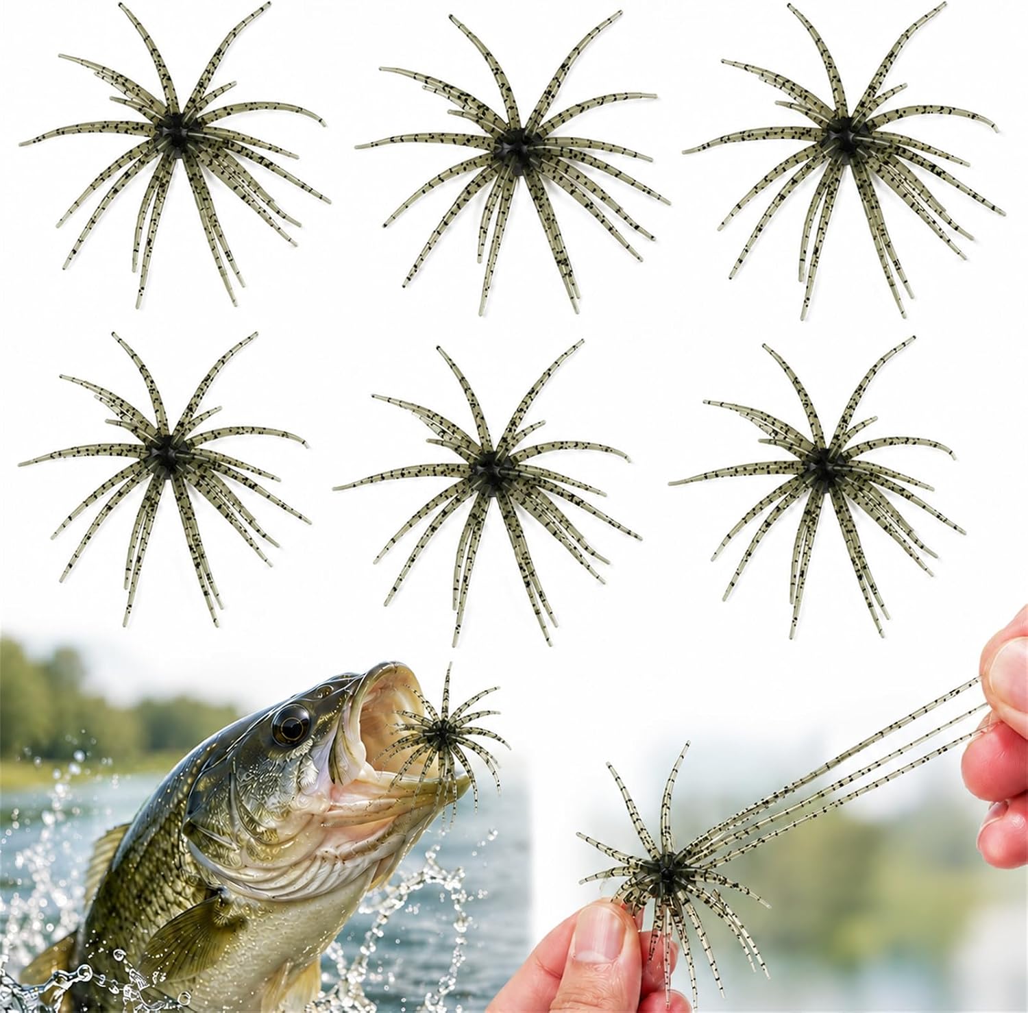6Pcs Sea Urchin Bait, Realistic Fuzzy Dice Fishing Lure for Bass & Perch, Floating TPR Swimbait with Reflective Stars, 9 Colors Artificial Worm Bait for Saltwater & Freshwater
