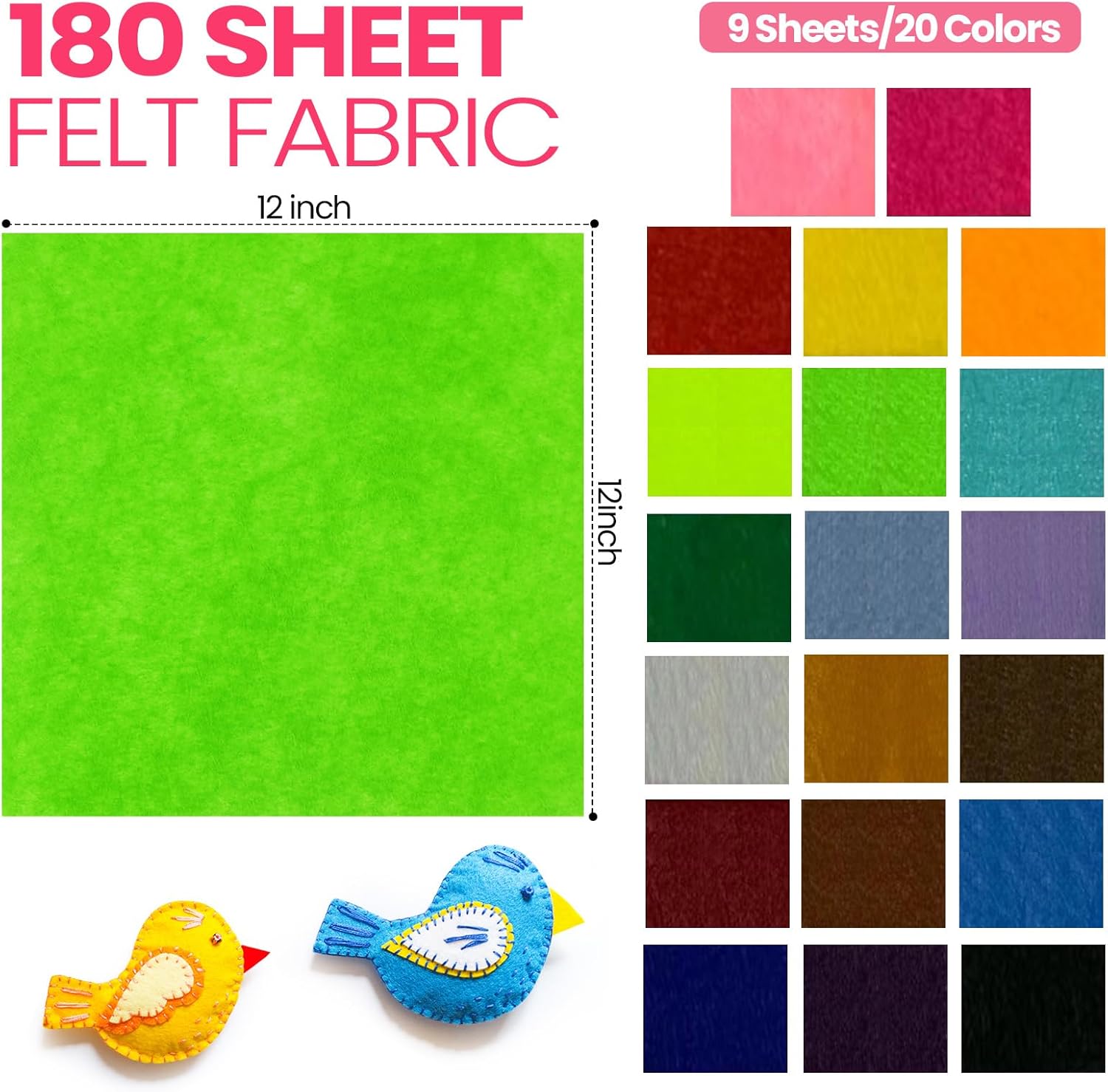 Moukeren 180 Pcs 12 x 12 Inch Felt Sheets Bulk 1 mm Thick Soft Felt Fabric Sheet 20 Assorted Colors for Easter Mother Day DIY Craft Sewing Squares Nonwoven Patchwork