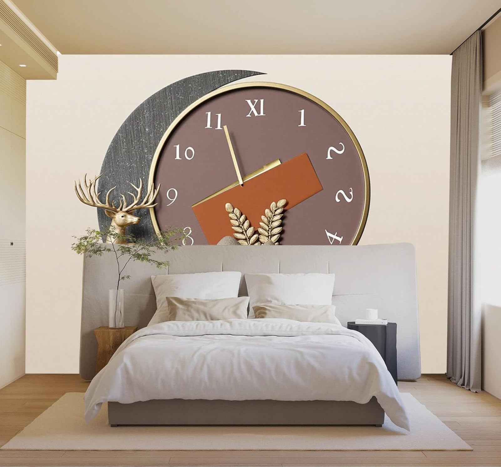 3D Papel Pintado Minimalista Creativo Ciervo Dorado Reloj Montañas