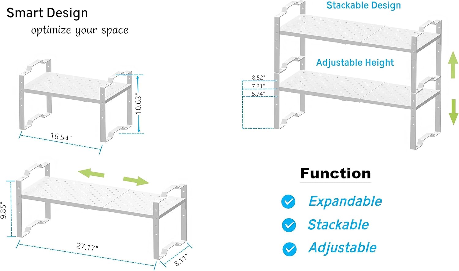 Expandable Shelf for Cabinet Organizer Adjustable Stackable Spice Rack at Kitchen and Bathroom More, (1 Pack/White, Medium)