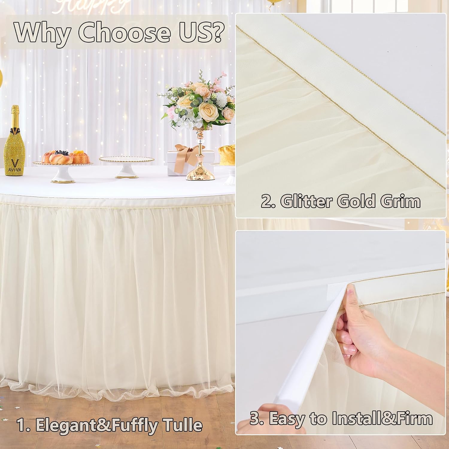 72in Ivory Tulle Table Skirts for Rectangle Tables 6/4ft, 2 Layer Gold Grim Ruffle Cream Tulle Tutu Table Skirt 6ft Decor Wedding Birthday Party Baby Shower Cake Dessert Tables(No Table Cover)
