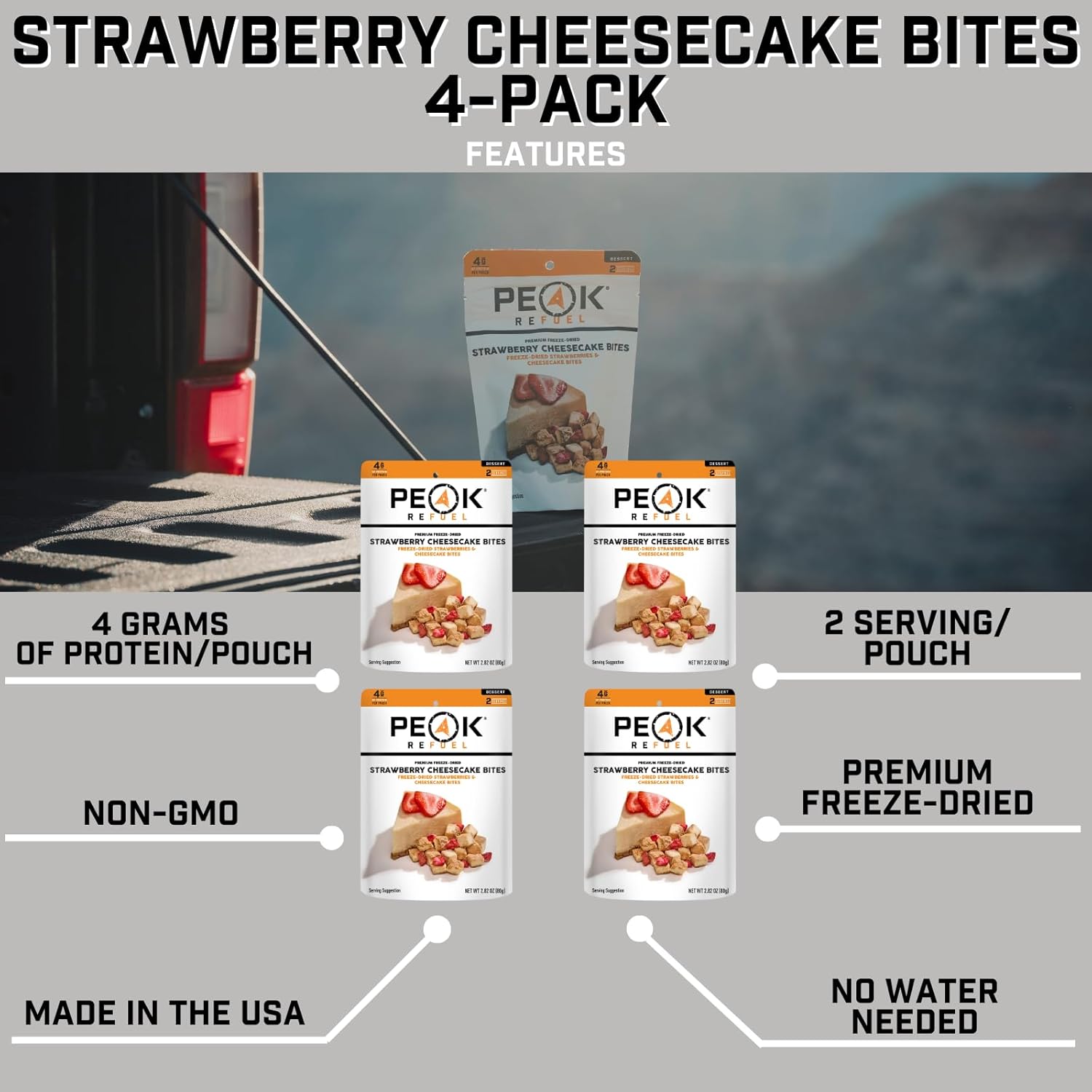 Peak Refuel Strawberry Cheesecake Bites 4-Pack | Freeze Dried Backpacking and Camping Food | Tasty Trail Treat | High Protein Snack Packs