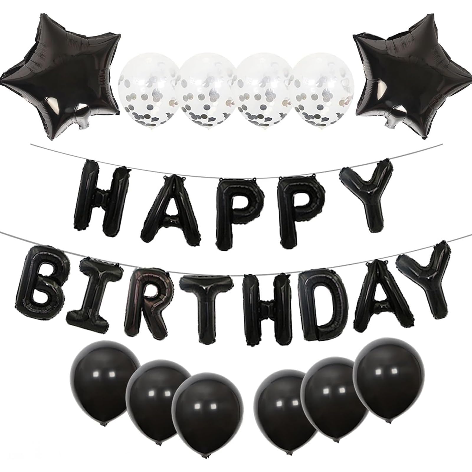 25-Piece Black Birthday Balloon Set - Premium Quality with Upgraded Ribbons & Straws - Complete Party Decorations Kit for Men/Women