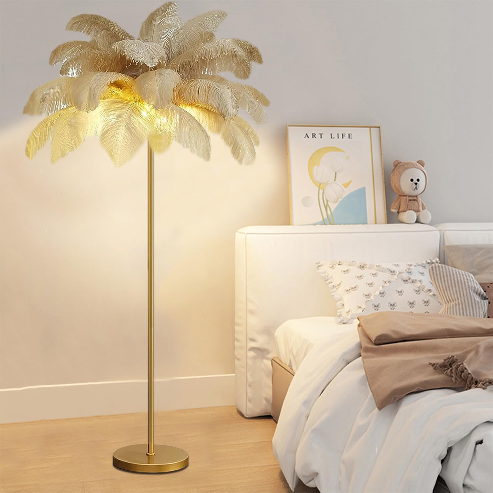 Lampadaire plumes d'autruche lampe sur pied moderne romantique rose