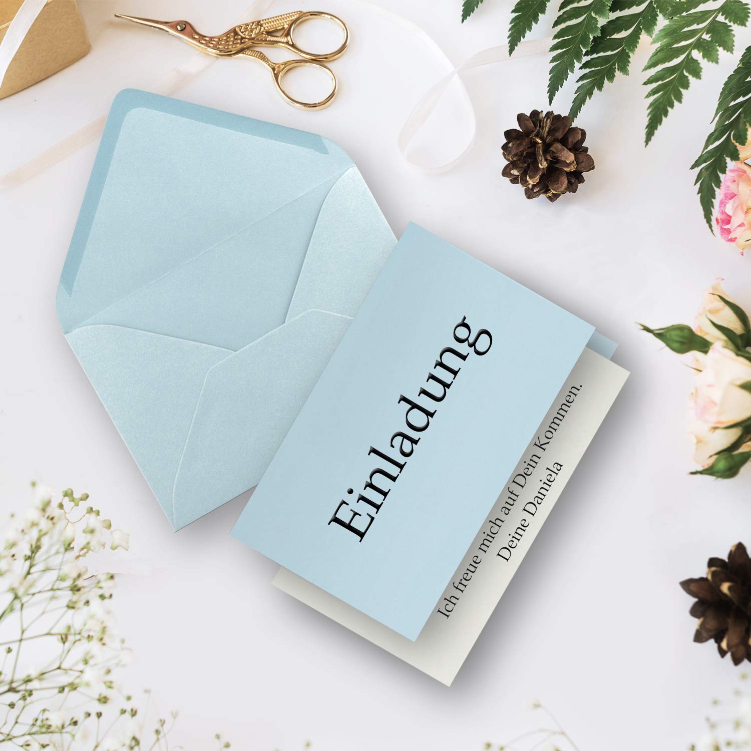 Set de cartes pliables format B6 | avec enveloppes et feuillets – Idéales comme cartons d’invitation et cartes de vœux – Convient à l’impression – 100 Sets 19-hellblau