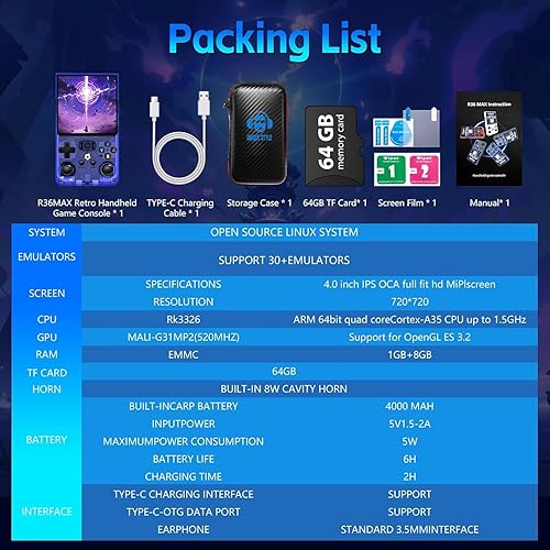 Miniatura 7 de R36MAX - Consola de juegos portátil, consola de juegos retro con batería de 4000 mAh, pantalla IPS de 4.0 pulgadas, sistema Linux de código abierto
