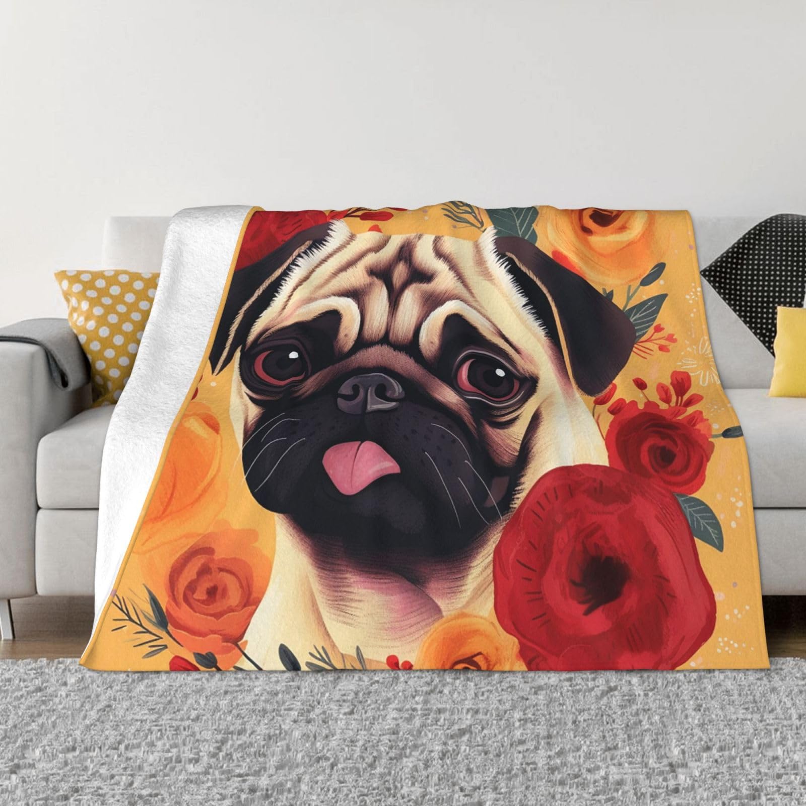 KLOPH Pug Flower Throw Blanket 50"x40" Flannel Fluffy Warm Blanket for Couch, Reversible Plush Blankets for Bed, Comfy Fuzzy Blanket for Sofa, Plush Lightweight-Blankets for All Season