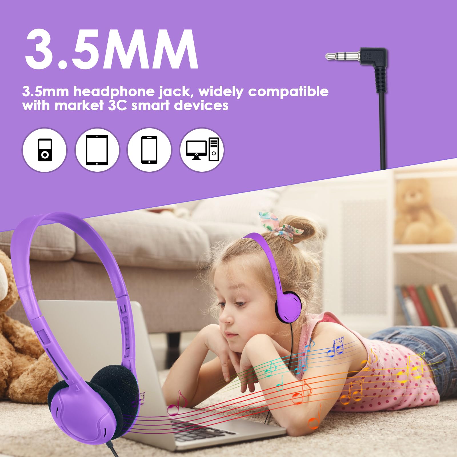 Cuffie per bambini, per scuola, classe, confezione da 100 pezzi, durevoli, per bambini, studenti, ragazzi, ragazze, audio HD, jack da 3,5 mm (colori misti)