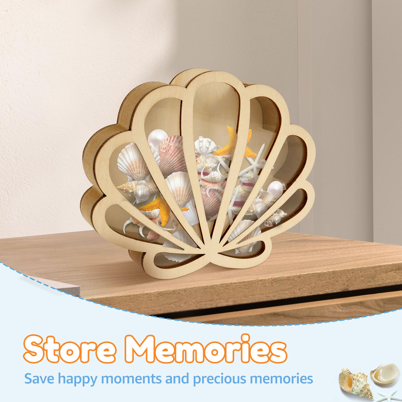 Pojemnik na muszelki, drewniana szafka z wyświetlaczem z panelem akrylowym Seashell Display Box Holder, przenośny uchwyt na wystawę dla dzieci, na plażę, do łazienki, salonu, ochrona domu