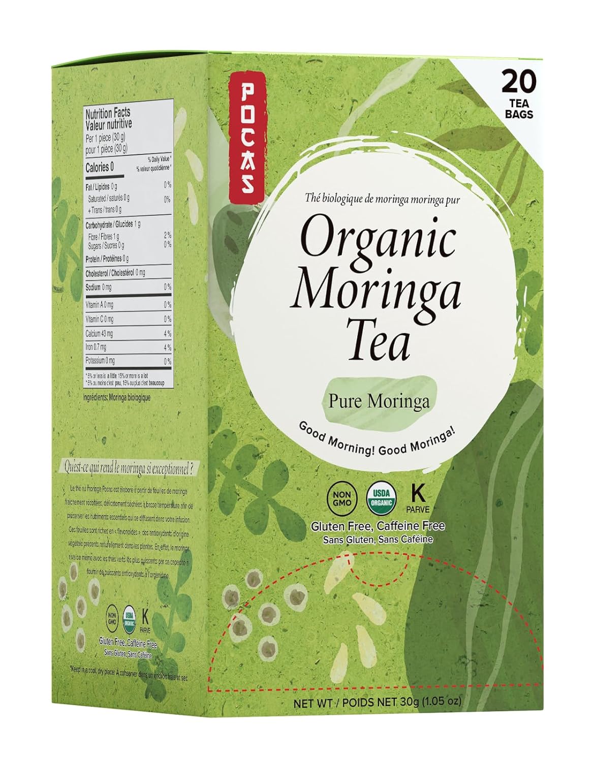 Pocas Organic Moringa Tea, Moringa Tea Bags (3 packs, 20 bags for each), Gluten Free, Non-GMO, Caffeine Free Tea, USDA Certified