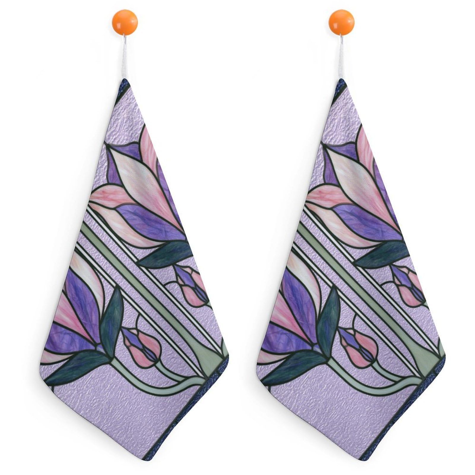 Jubonexis Stained Glass Floral Motif Pale Purple Small Hand Towel with Hanging Loop 2 PCS Absorbent Soft Wash Cloth for Kitchen Bathroom