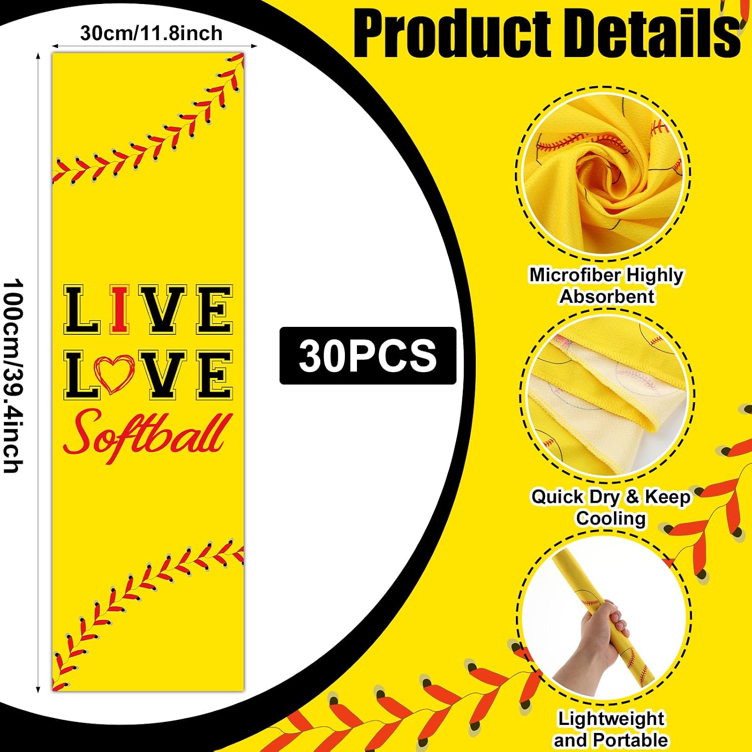 30Pcs Softball Cooling Towels 40 x 12 Inch Softball Towel Microfiber Breathable Chilly Sport Rags Absorbent Sweat Washcloth Sport Team Gifts Workout Ice Towel for Athletes Coach Gym Sports Favors
