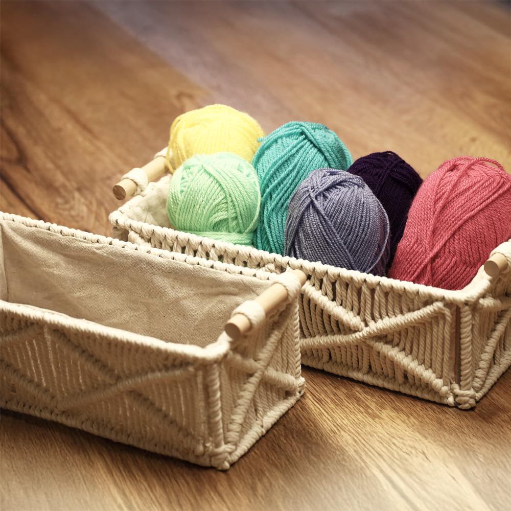 Cesto portaoggetti rettangolare, intrecciato, con inserto in tessuto, bianco, set da 2 pezzi