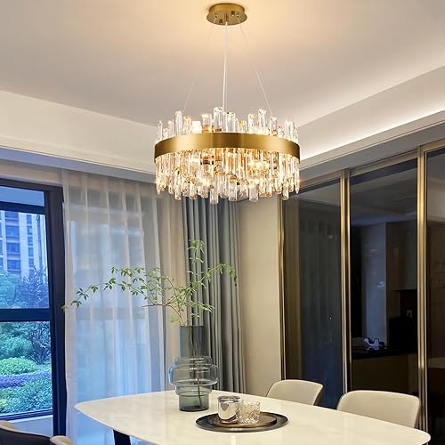 Miniatura 5 de Siljoy - Candelabro de cristal moderno, 12 luces, lujoso, redondo, de 2 niveles, con cristal K9 en forma de gota de lluvia, lámpara colgante de