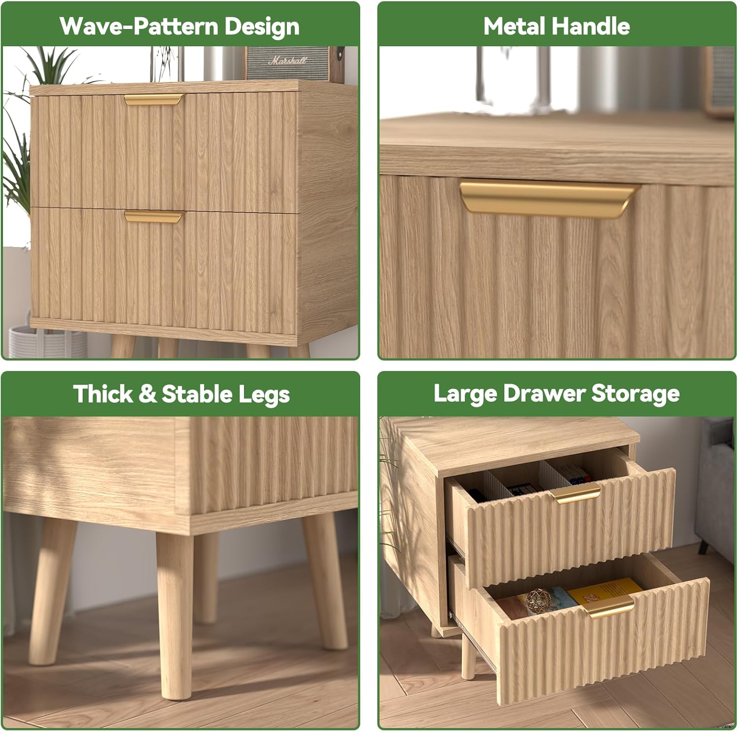 15x14x23Inch Wooden Fluted Dresser for Bedroom,Modern Wide Chest of 2 Drawers Dressers for Bedroom Furniture,Dresser with Storage, Easy to Assemble Dressers for Living Room,Hallway