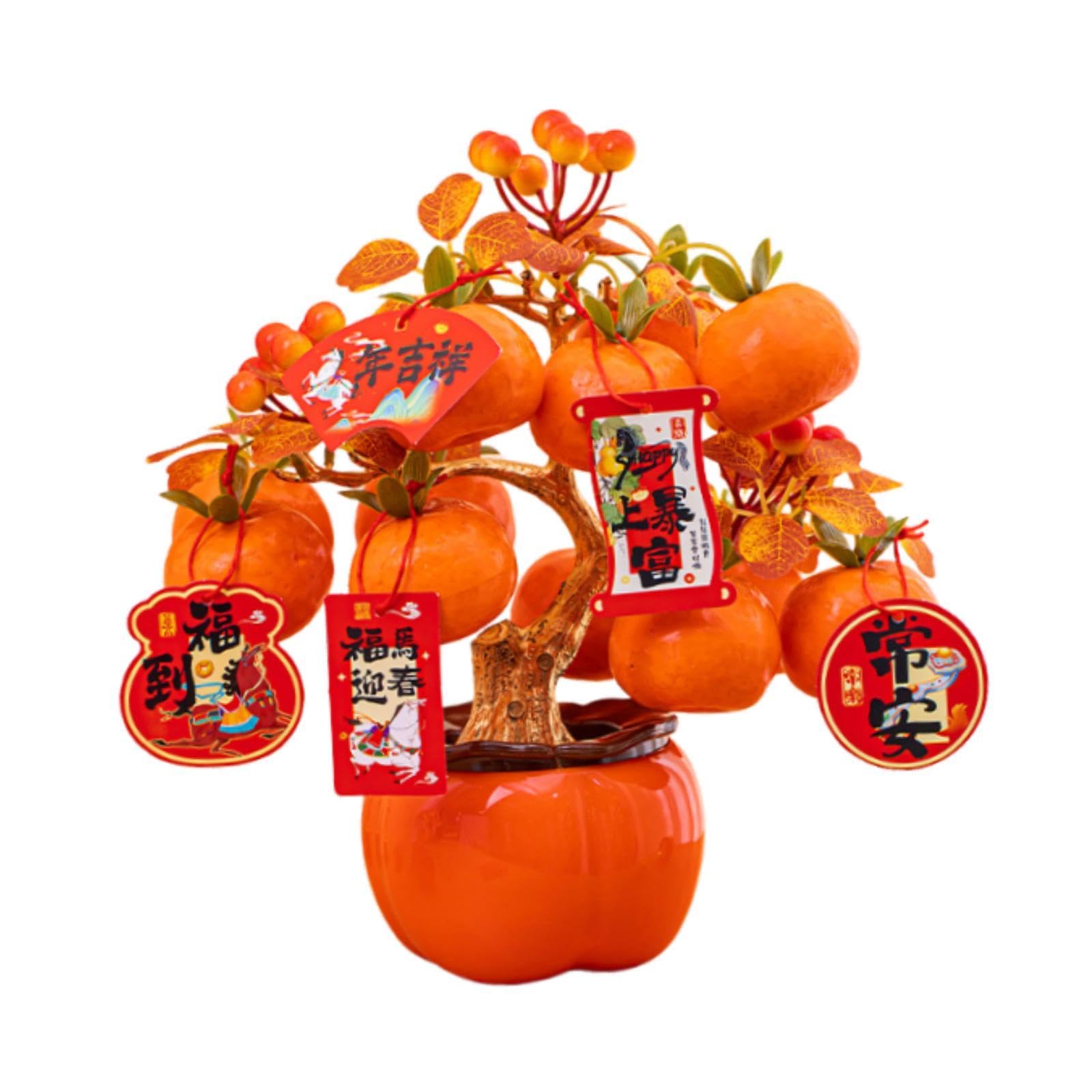Ornamento da tavolo per il Capodanno cinese, Albero dei soldi della fortuna del Capodanno cinese 2026 Vaso di cachi simulato 27 cm x 28 cm Decorazione in resina espansa