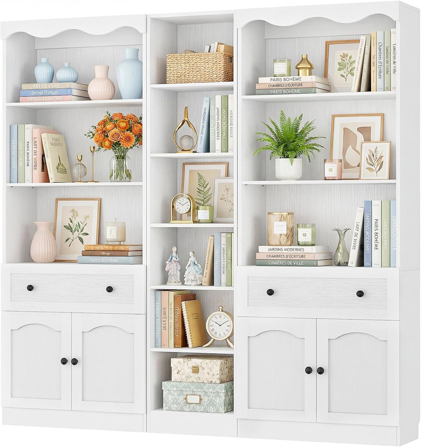 Cyclysio 80" Tall 3-Piece Bookcase Set, White Storage Cabinet with Drawers and Open Shelving, Flush-to-Wall Large Bookshelf with 3.15" Baseboard Cutout for Living Room, Kitchen Pantry, Office