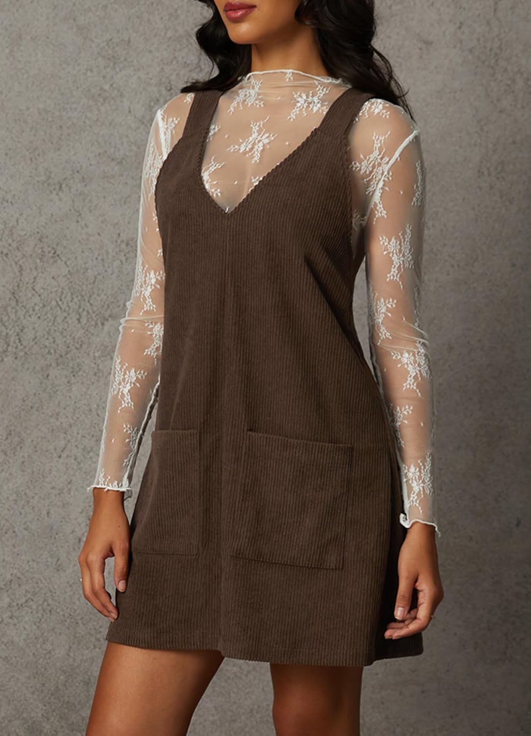 Navneet Corduroy Overall Dress for Women V Neck Sleeveless Pinafore Jumper Mini Dress with Pockets - Image 2