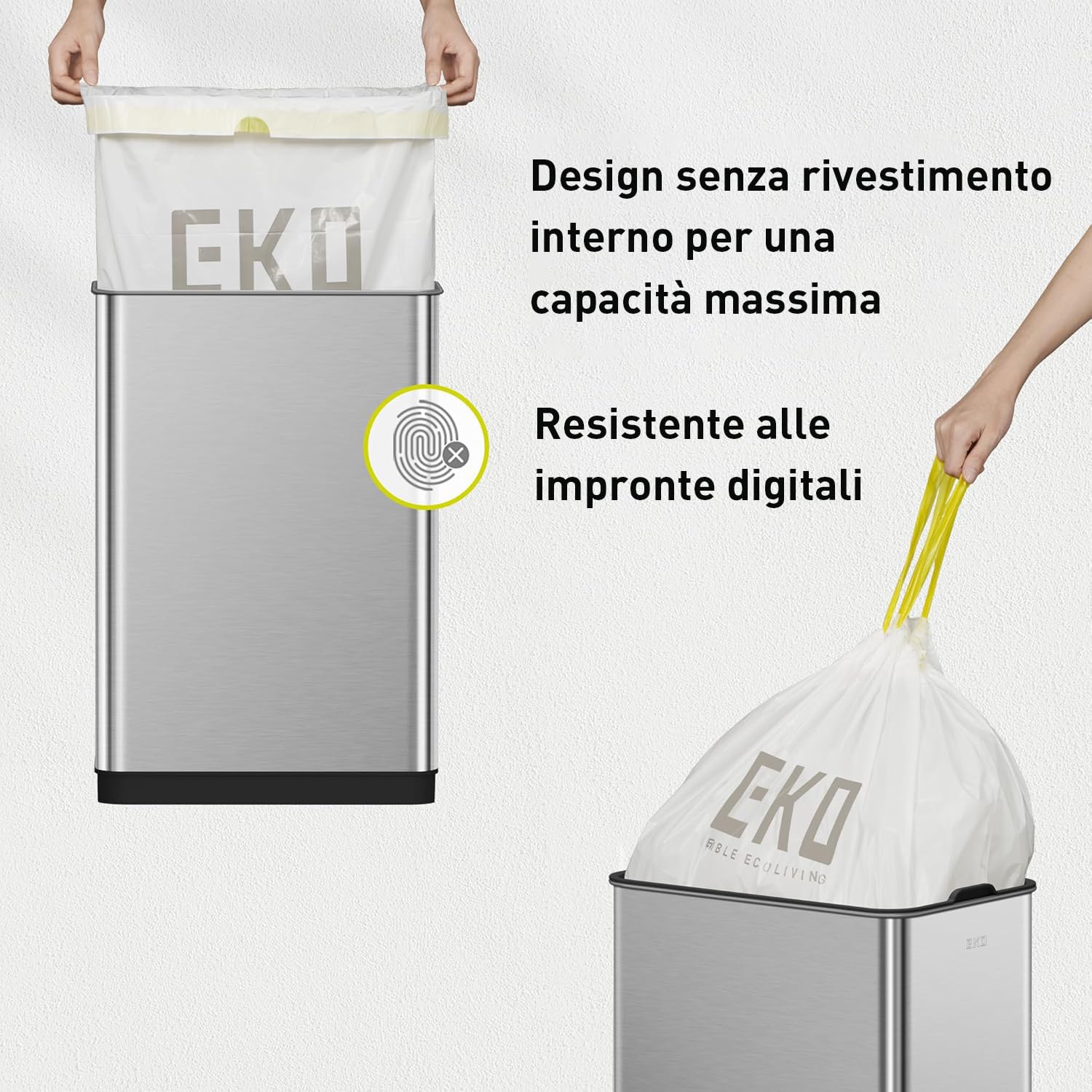 EKO Pattumiera Cucina Automatica 50L Phantom-T | Sensore Touchless Verticale | Acciaio Inox Spazzatura Antimpronta | Chiusura Silenziosa Bagno