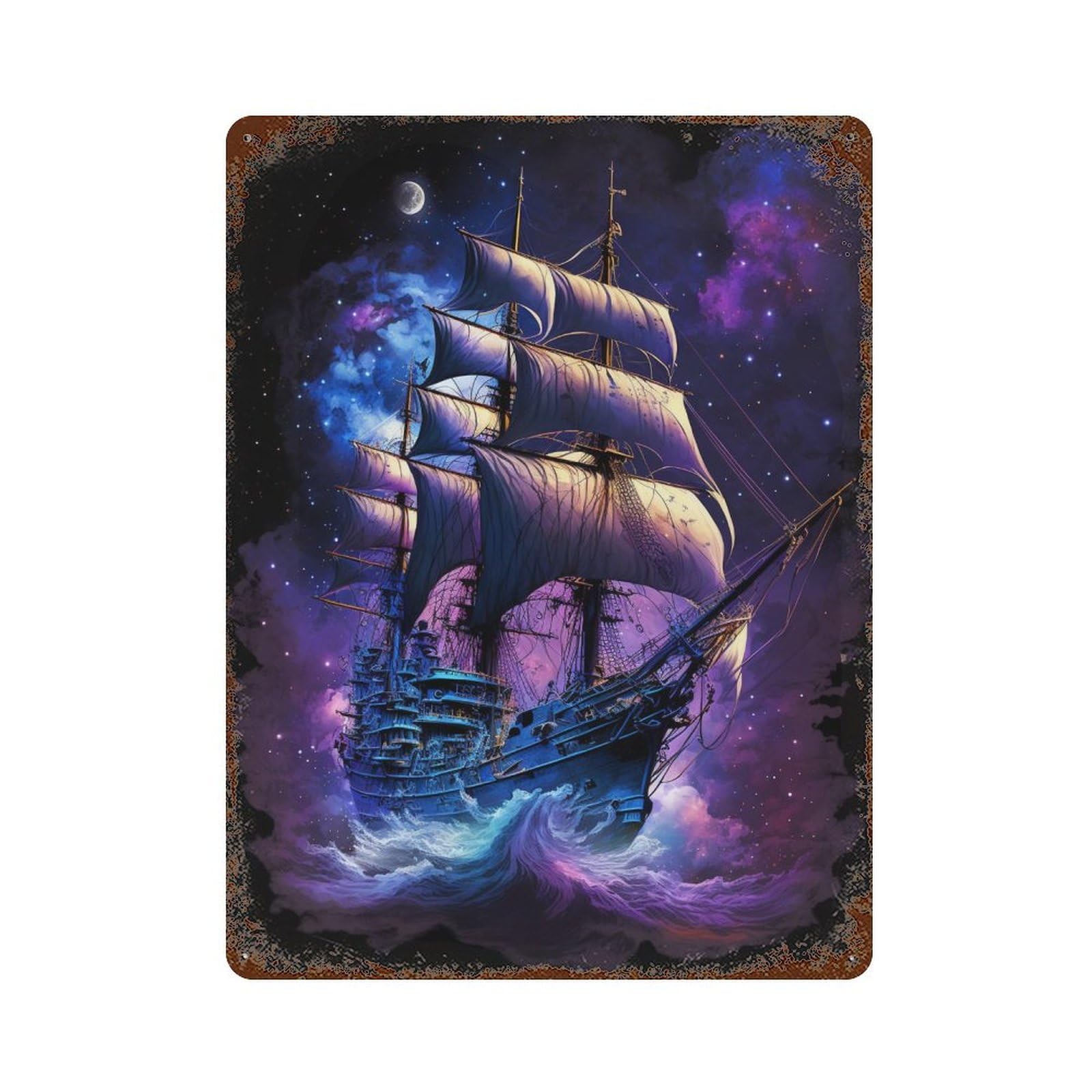 Fantasy Sailing Ship Artwork Rusty Metal Tin Sign 15.7"x11.8", Vintage Wall Decor for Garage, Pub Or Kitchen