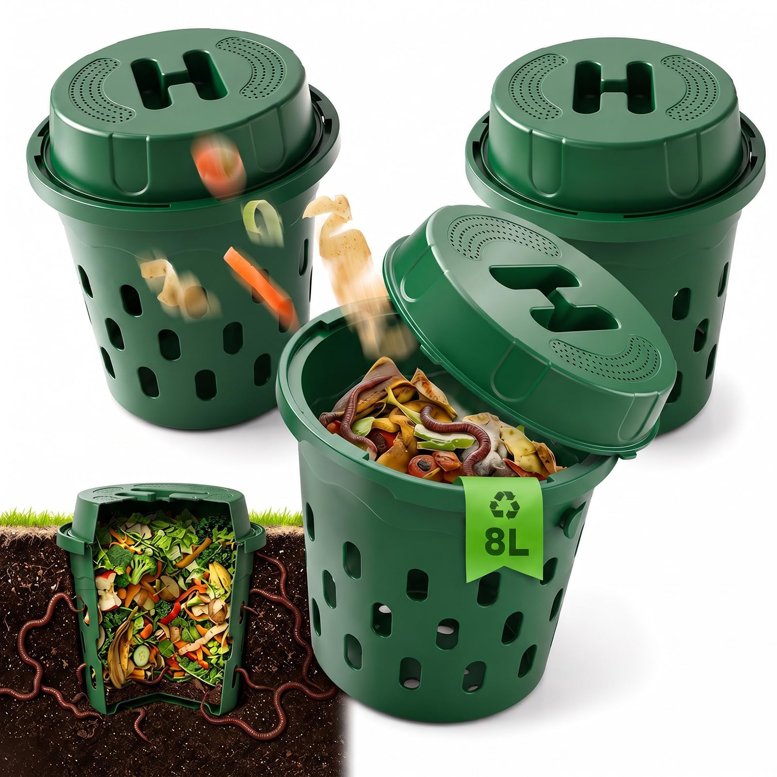 Lot de 3 fermes souterraines de 8 l avec couvercle, bac à compost en PVC avec trou de ventilation, kit de démarrage de vermiers organiques pour l'amélioration du sol des plantes, composteur