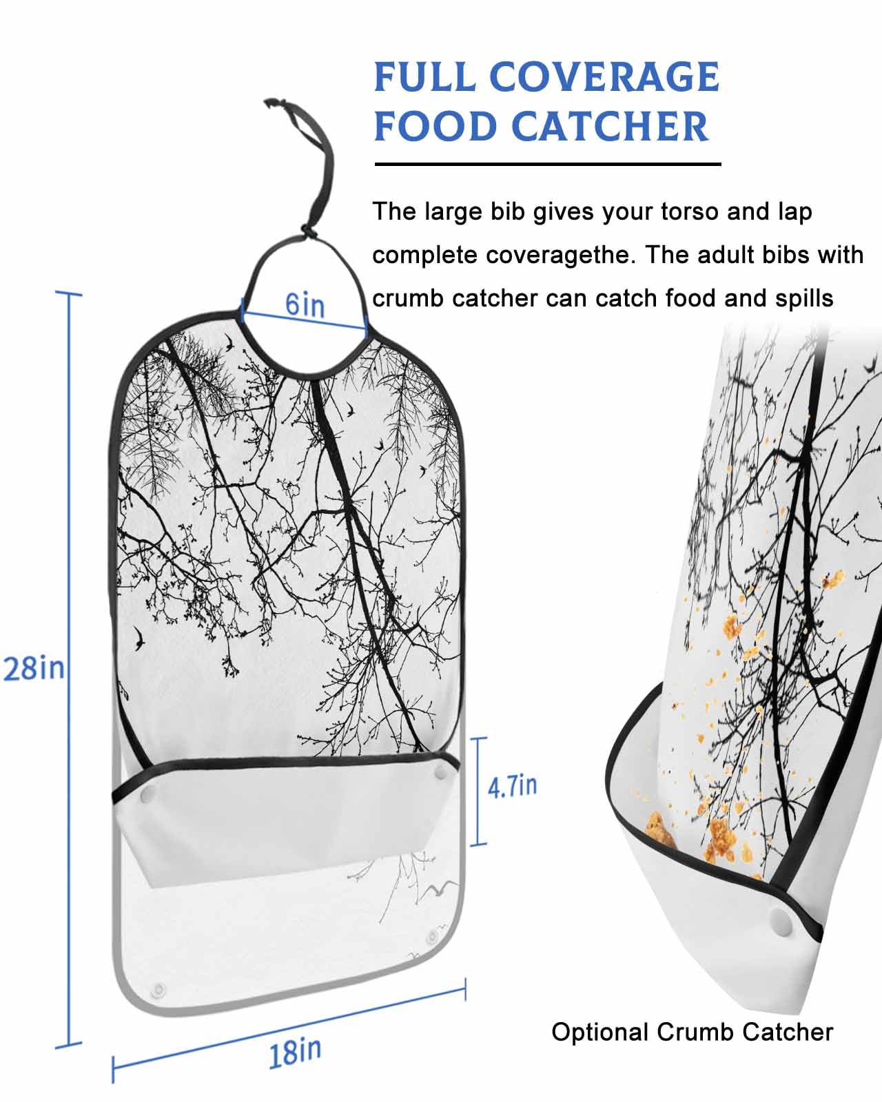 LEOKOTI Black Branch Adult Bibs for Eating, Waterproof Bibs with Food Catcher & Adjustable Snap Closure, Birds Modern Abstract Art Classic Black Washable Clothing Protectors Adult Bibs for Elderly
