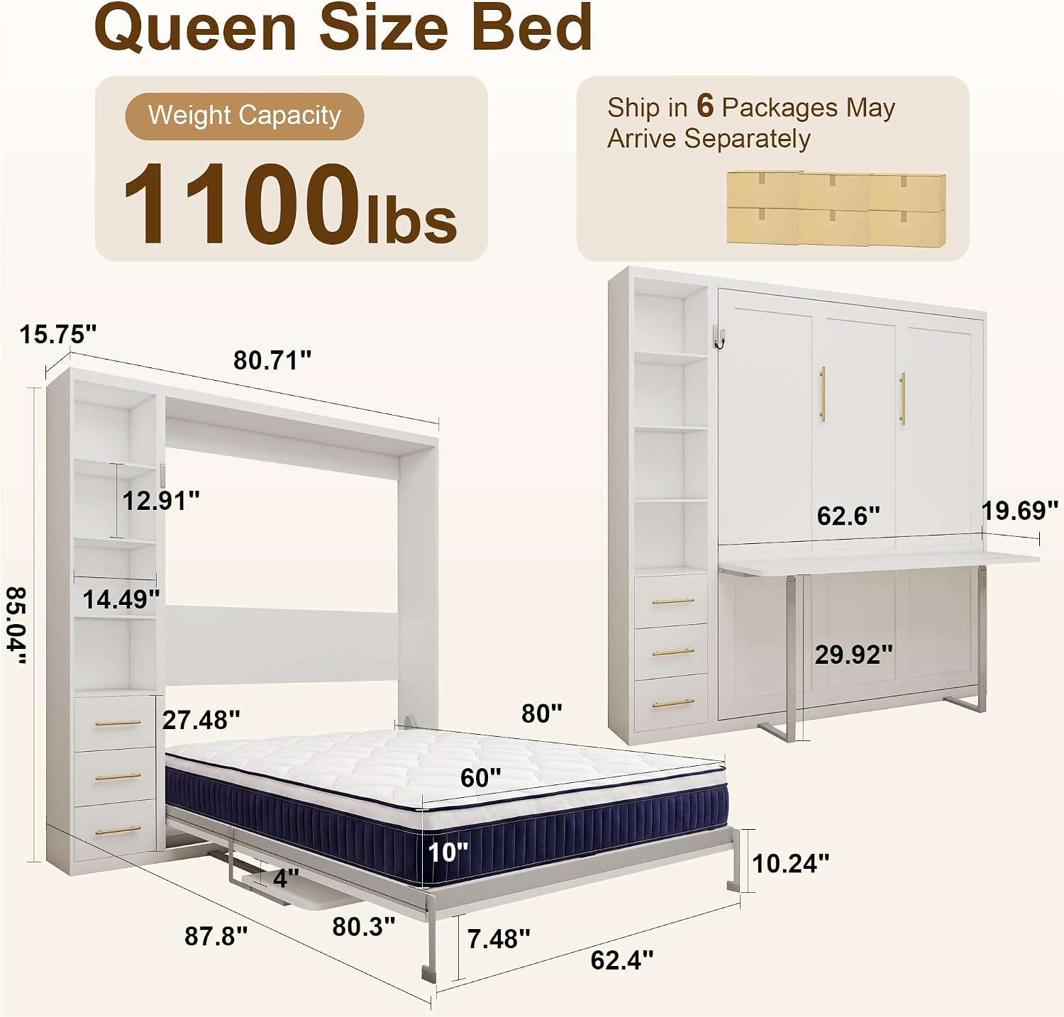 Detailed dimensions diagram of the Olela Queen Murphy Bed system, showing the bed, desk, and side cabinet with various measurements.