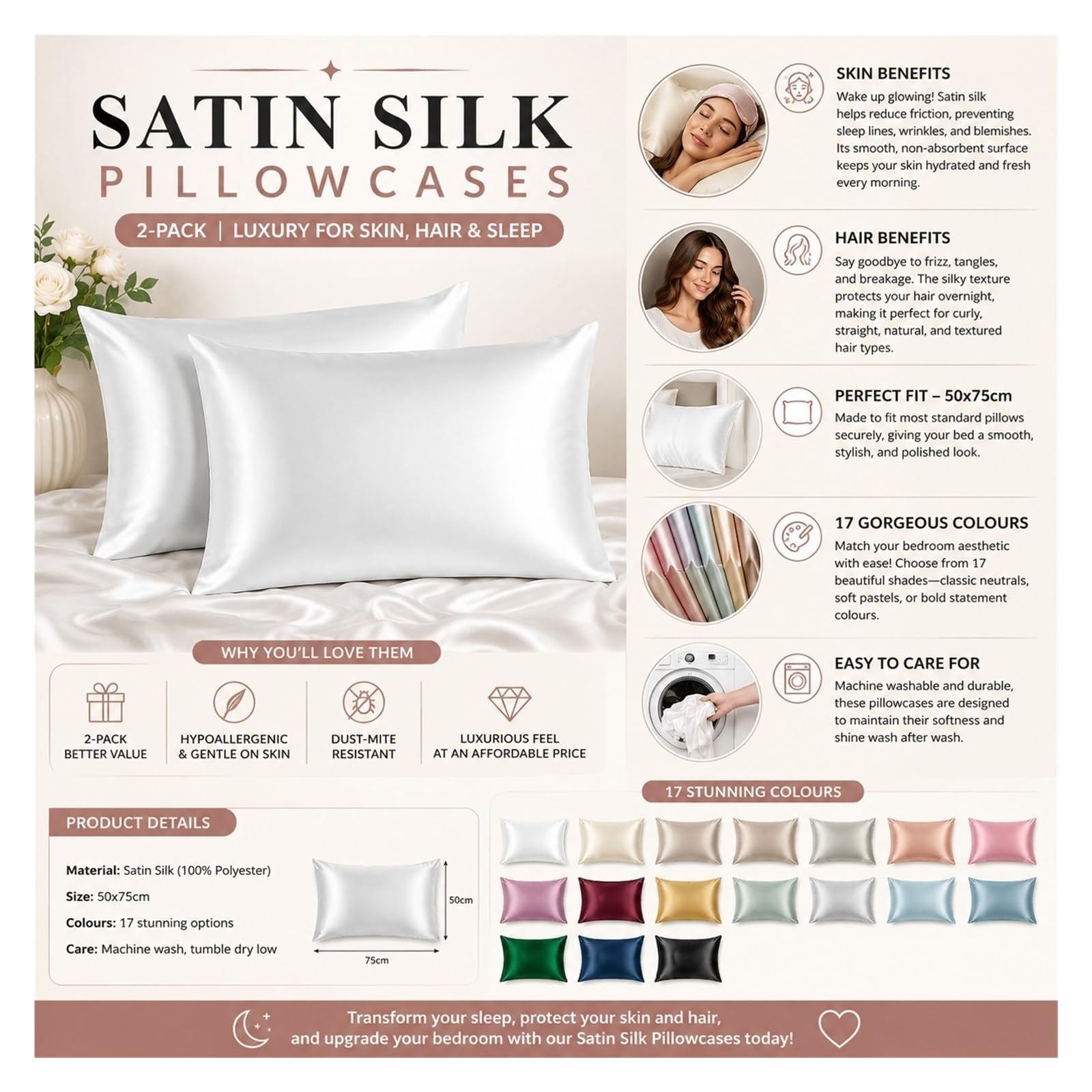 2 Fundas de Almohada Tipo sobre Piel Pelo Seda Satinada 50x75cm